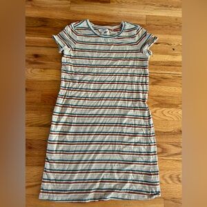 Toad&Co Striped Short Sleeve T-shirt dress in White, Teal & Rust with pockets